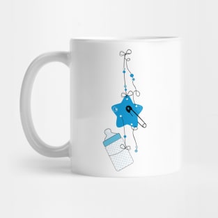 Hanging blue baby bottle, safety pin, star baby arrival Mug